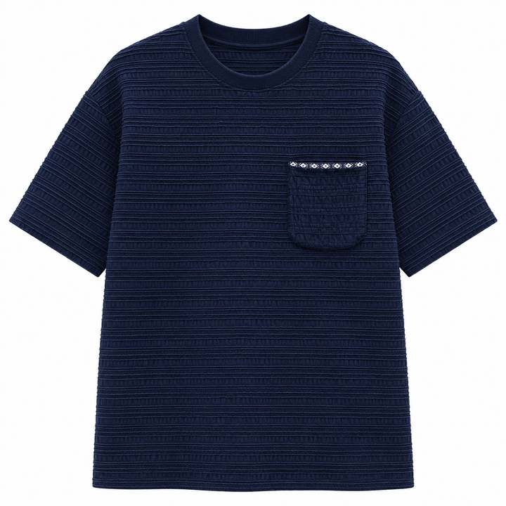 Komfortabel marineblå herre jacquard t-skjorte i retro stil med løs passform og korte ermer for hverdag.