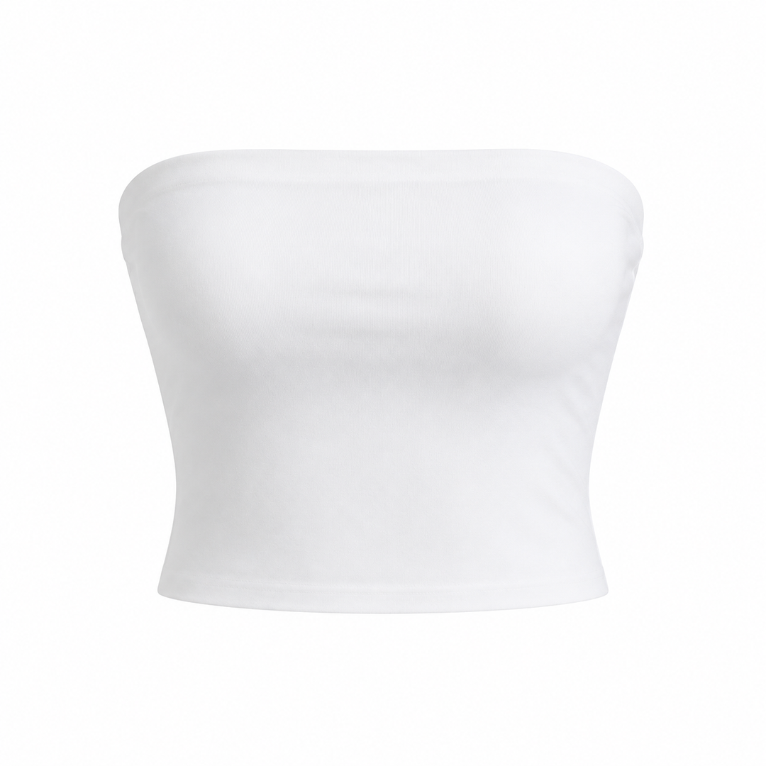 Hvit stroppeløs bandeau croptop. Minimalistisk sommertopp for dame, ideell til festival eller fest.