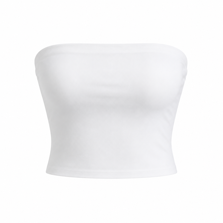 Hvit stroppeløs bandeau croptop. Minimalistisk sommertopp for dame, ideell til festival eller fest.