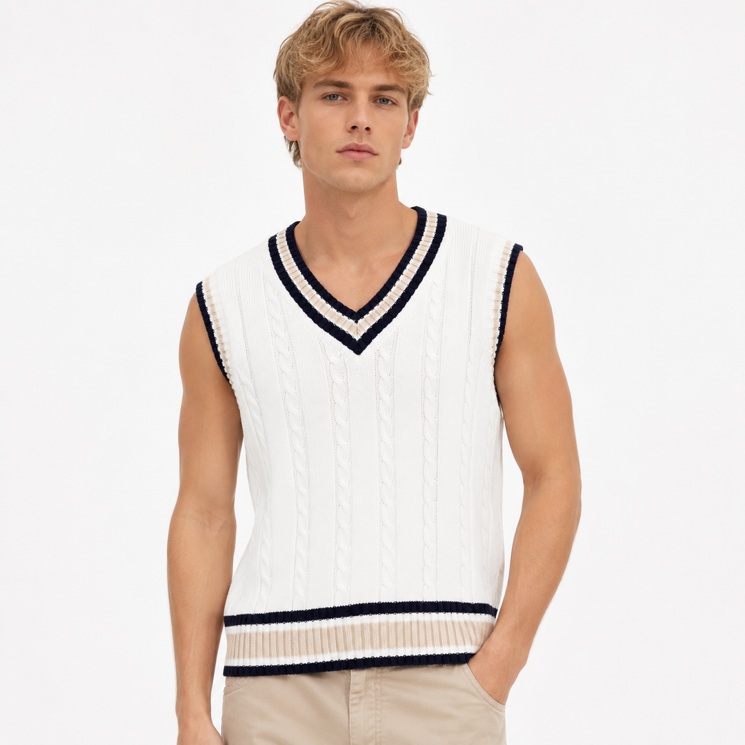 Strikket V-hals vest for herre i retro preppy-stil. Perfekt genservest for lag-på-lag casual herremote.
