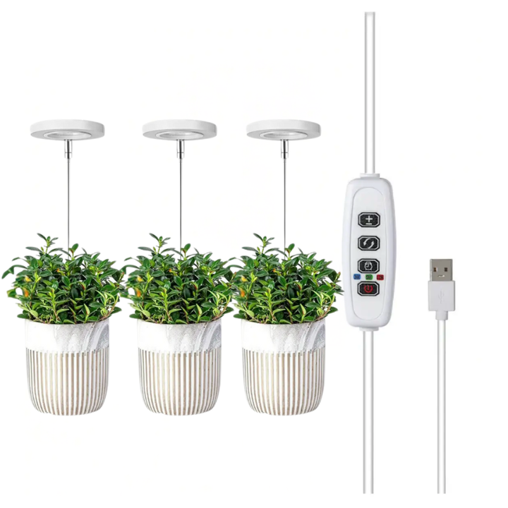 Flerfarget spektrum fra justerbar LED vekstlampe; gir optimalt lys til innendørs planter.