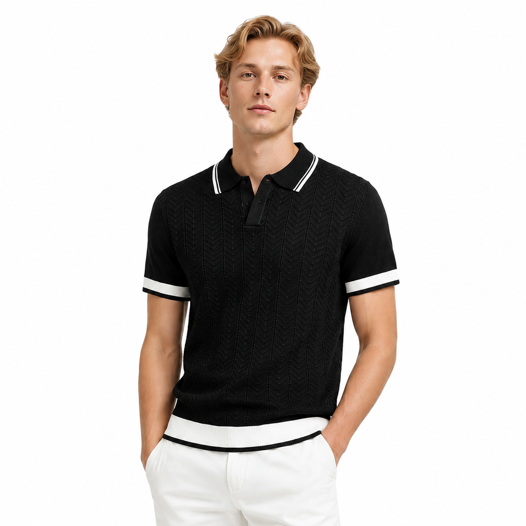 Color block strikket herrepolo med korte ermer. Perfekt sommerskjorte i business casual stil for menn.