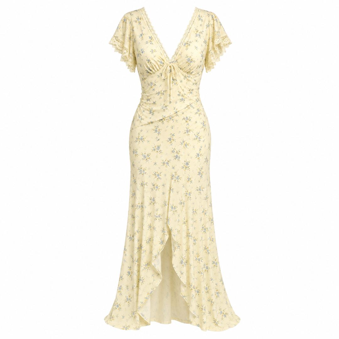 Elegant mønstret sommerkjole for dame med V-hals, høy midje og side splitt. Perfekt lett feriekjole.
