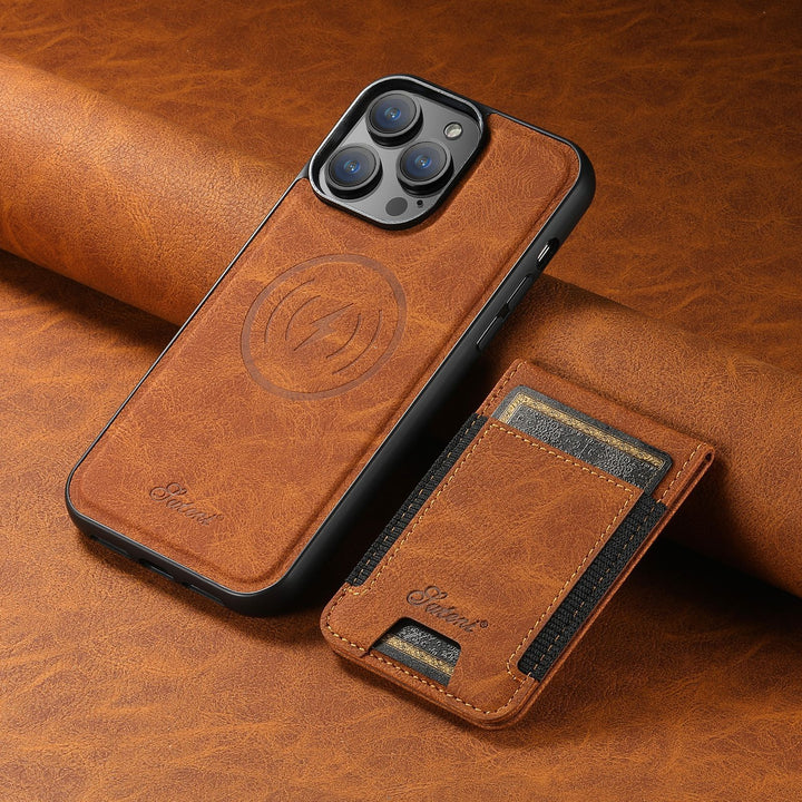 Funksjonelt iPhone mobilcover med kortholder, stativfunksjon og kompatibilitet med trådløs lading.