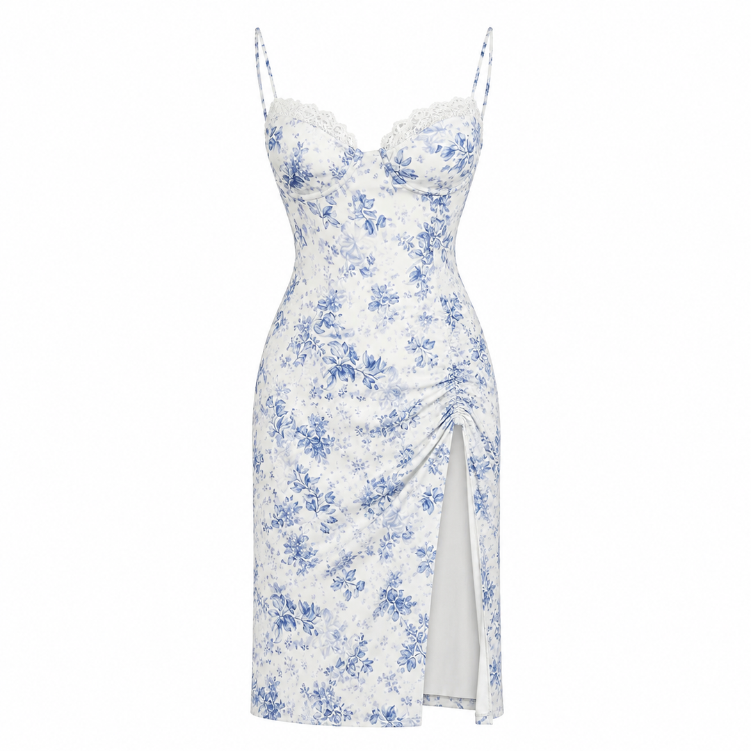 Elegant blomstret midikjole til dame, ryggløs med splitt. Figurnær, ermeløs sommerkjole perfekt for fest.