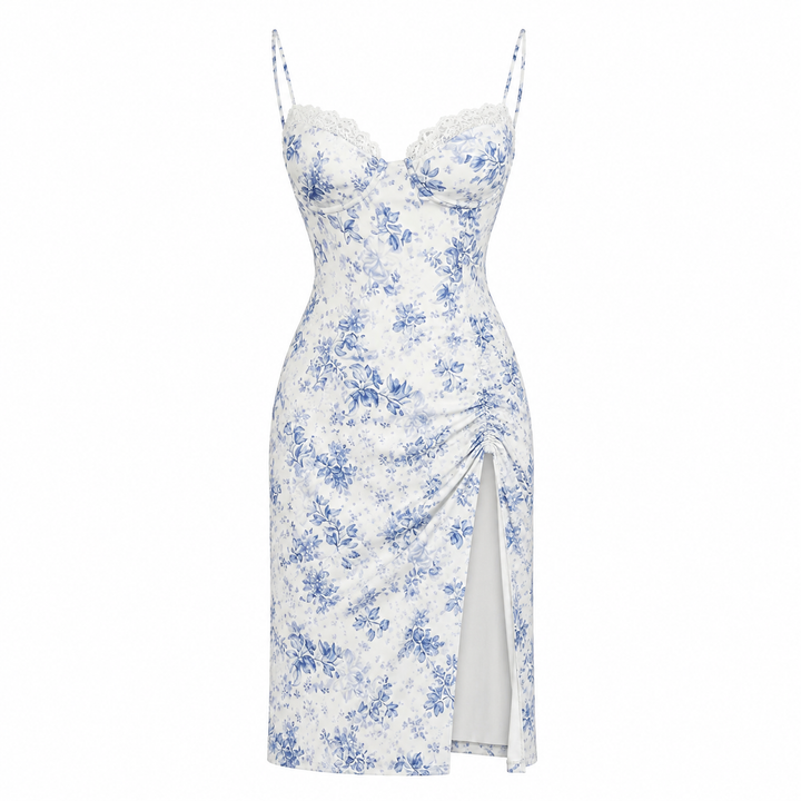 Elegant blomstret midikjole til dame, ryggløs med splitt. Figurnær, ermeløs sommerkjole perfekt for fest.
