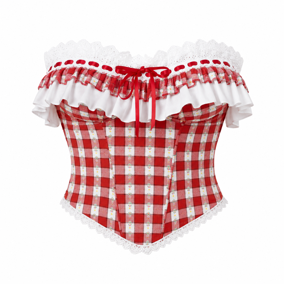 Elegant dame korsettopp i rutedesign med stroppeløs passform og delikat blondekant. Ideell for casual chic.