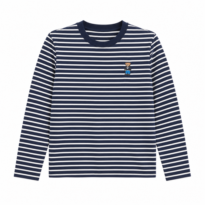 Stripet blå dame topp med lang erm og unikt bjørnebroderi. Ideell fritidsklær for vår og sommer.
