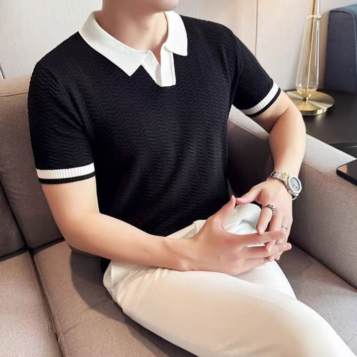 Herre stripete poloskjorte i polyester, perfekt kortermet skjorte for sommer og avslappet hverdag.
