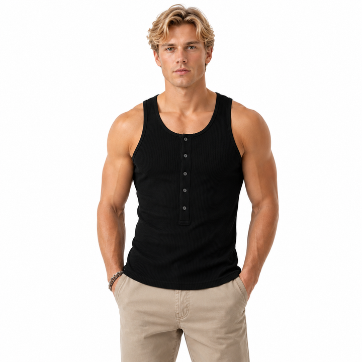 Kvalitetsrik strikket herre tanktopp med knappestolpe for en elegant og komfortabel sommerlook.
