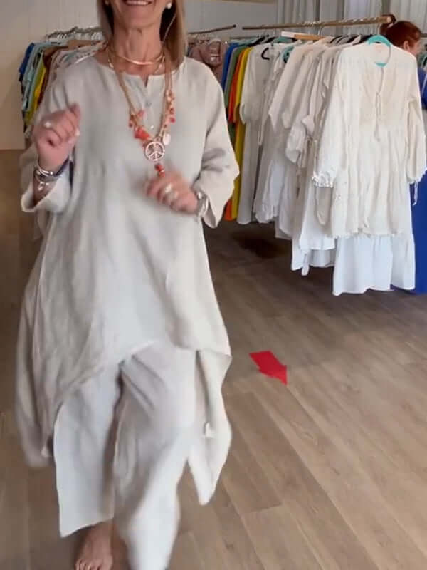 Linnekostyme som utstråler sommerlig eleganse og optimal komfort for damer.