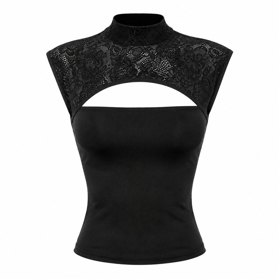 Hvit ermeløs dame crop top med ståkrage og moderne utskjæringer. Perfekt som sommertopp.