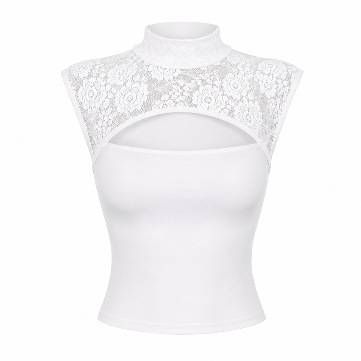 Elegant dame crop top med ståkrage, ermeløs og trendy utskjæringer. Tilgjengelig i svart/hvitt.