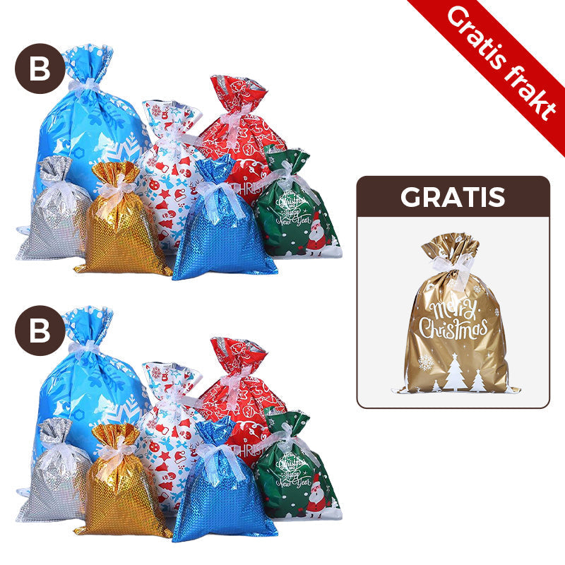 Julegaveposer og festartikler, ideelt for juledekorasjon og praktisk innpakning.