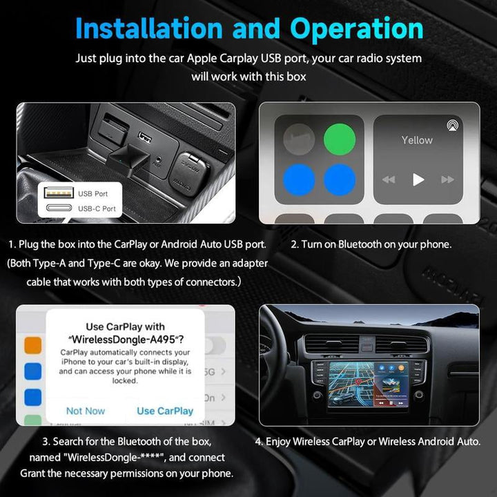 Produktfoto av trådløs dongle som aktiverer smart bilteknologi for CarPlay og Android Auto.