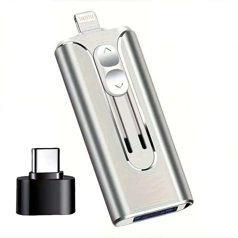 Multi-port 4-i-1 USB-flash-stasjon med kontakter for iPhone, Android, PC. Praktisk mobil datalagringsenhet.