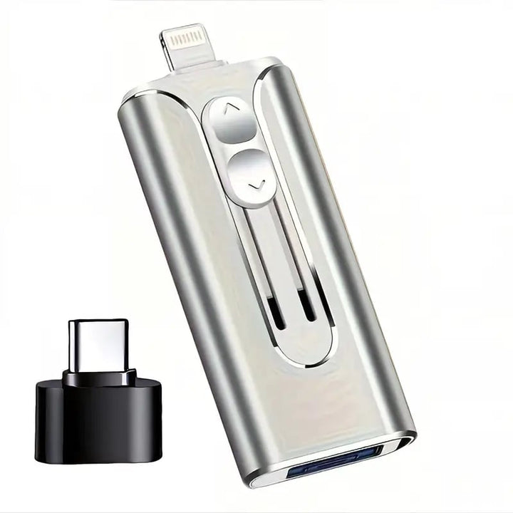 Multi-port 4-i-1 USB-flash-stasjon med kontakter for iPhone, Android, PC. Praktisk mobil datalagringsenhet.