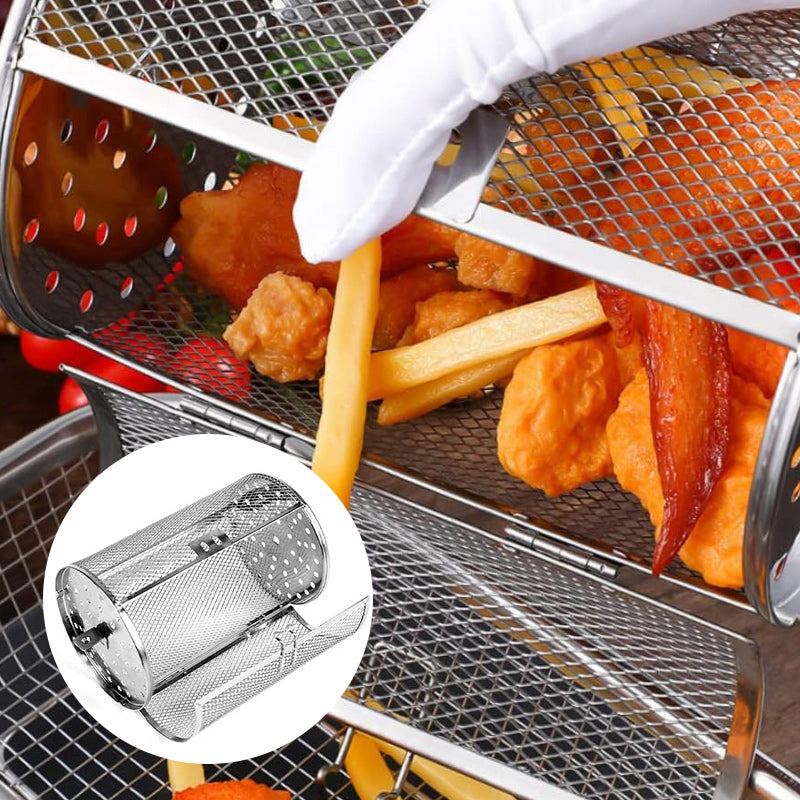 Automatisk roterende grillkurv i rustfritt stål; perfekt for grilling, steking og airfryer.