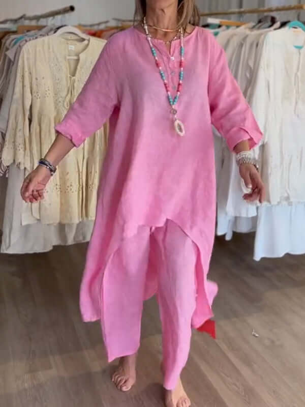 Elegant linnekostyme for kvinner, perfekt for en komfortabel og stilig sommerdag.