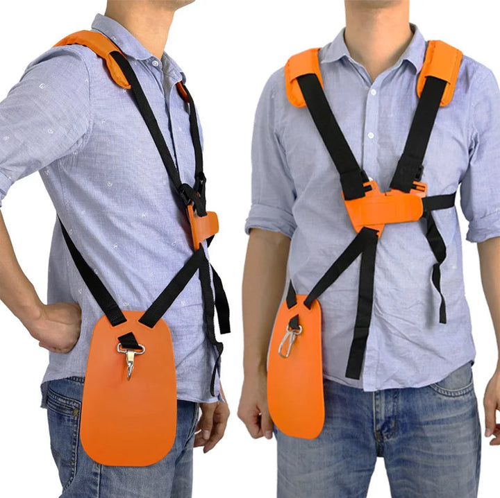 Essensielt tilbehør for hagetrimmer; ergonomisk skulderstropp med orange polstring, økt sikkerhet og komfort.