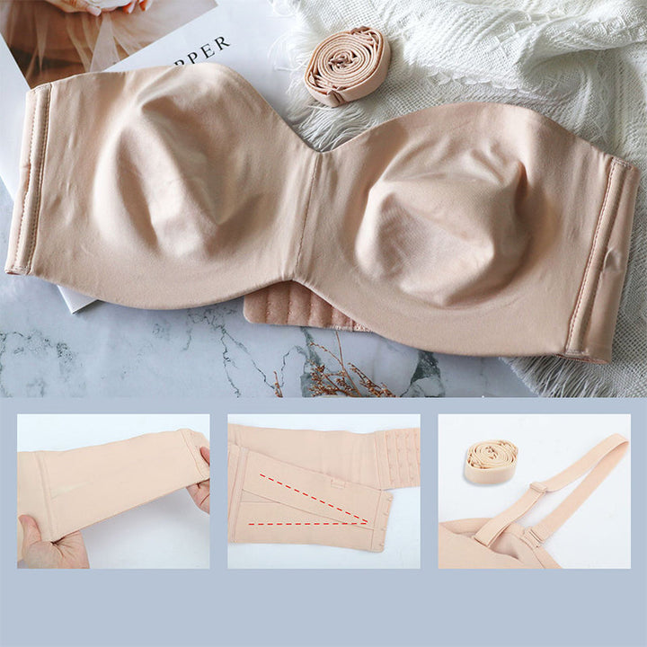 Komfortabel og sklisikker stroppeløs bandeau BH for dame, full støtte for alle anledninger. Beige undertøy.