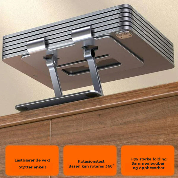 Universal stativ i aluminium for bærbare PC-er og nettbrett. Roterende design for fleksibilitet.