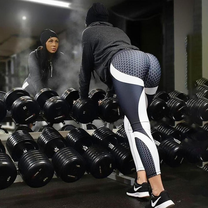 Kvinner treningstights, geometrisk trykk, høyt liv, pustende, komfortabel for yoga og sport.