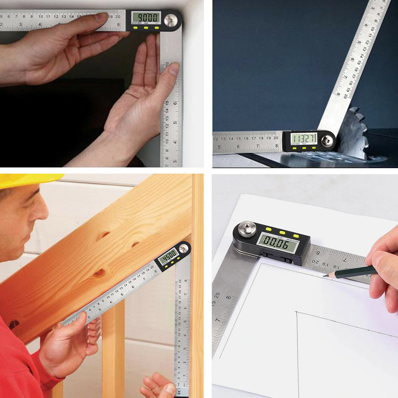 Digital vinkelmåler med LCD-skjerm. Elektronisk linjal for presise vinkler i håndverk og bygg.