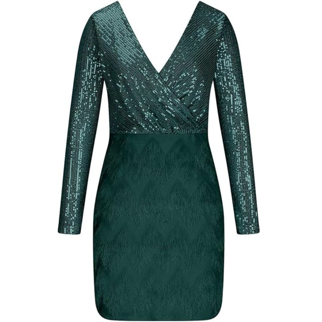 Trendy paljettkjole med dyp V-hals, for en ungdommelig og selvsikker festlook.
