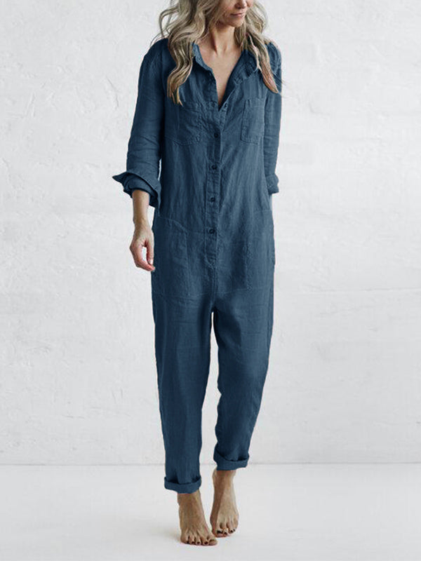 Stilig langermet dame jumpsuit, ideell som komfortabelt vår- og høstantrekk. Uformell, men elegant heldekkende.