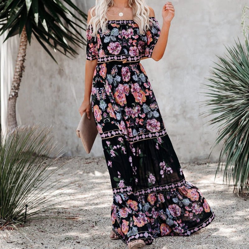 Blomstret off-shoulder maxikjole for kvinner, trykt og kortermet, perfekt som feriekjole.