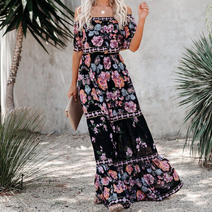 Blomstret off-shoulder maxikjole for kvinner, trykt og kortermet, perfekt som feriekjole.