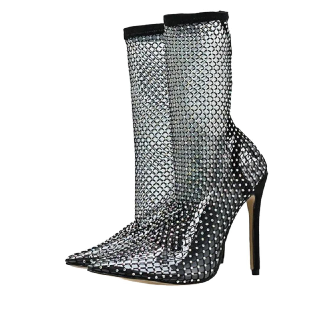 Luksuriøse dame hælsko: Gjennomsiktig netting ankelstøvler med rhinestones, perfekt for glamorøse fester.