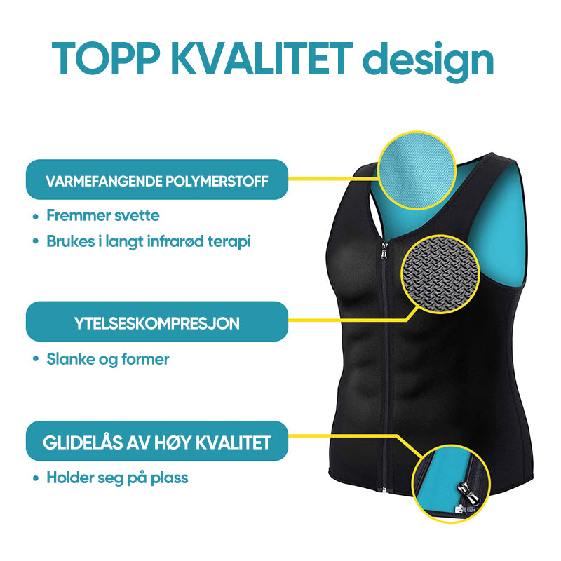 Støttende herre kompresjonsvest med glidelås, kompresjon for mage og bryst for jevnere kontur.