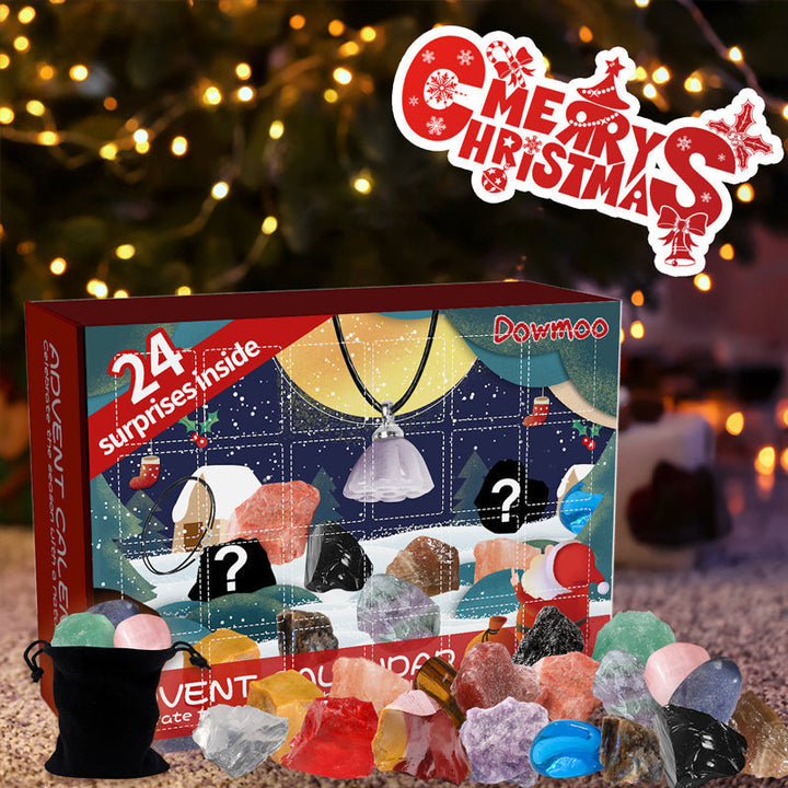 Mineral adventskalender på et julepyntet bord, en perfekt julegave og lærerik opplevelse.