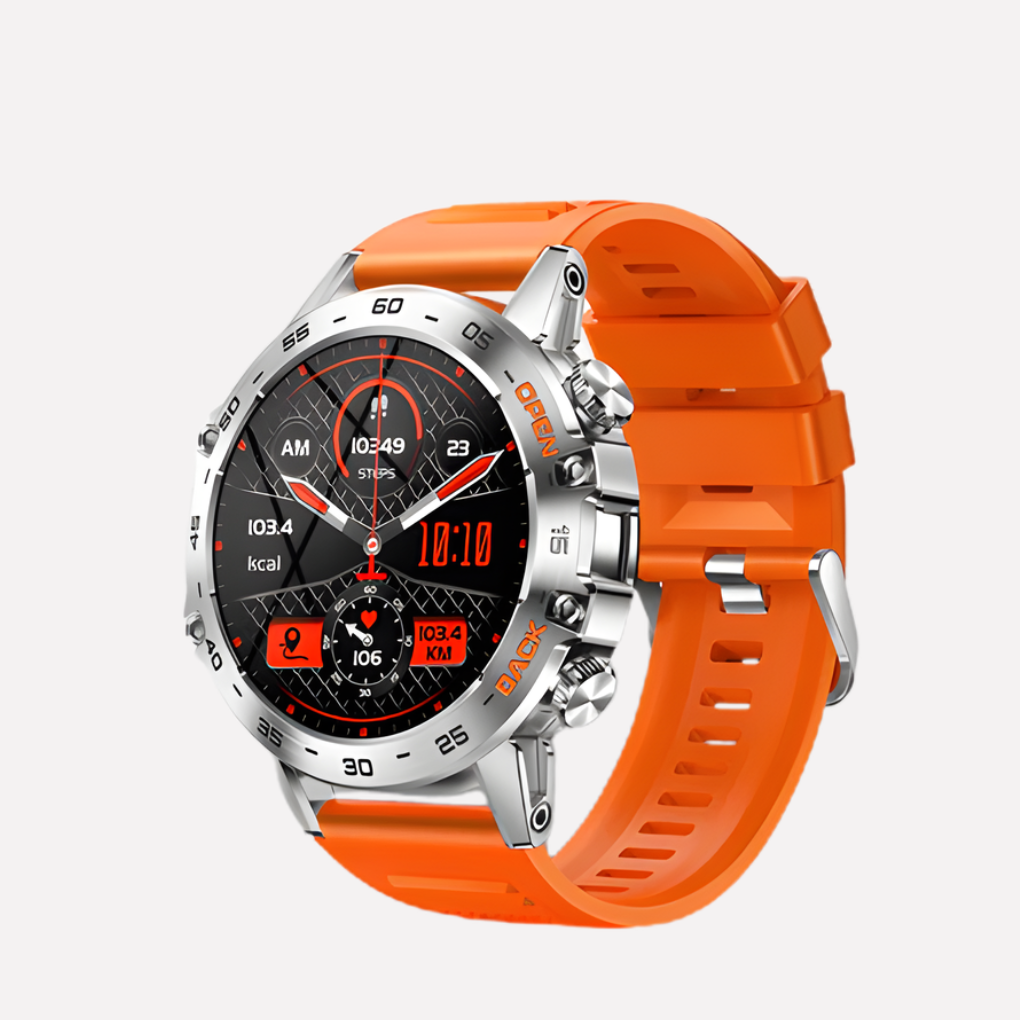 Robust oransje menns utendørs smartklokke med GPS, pulsmåler og vanntett design for trening og sport.