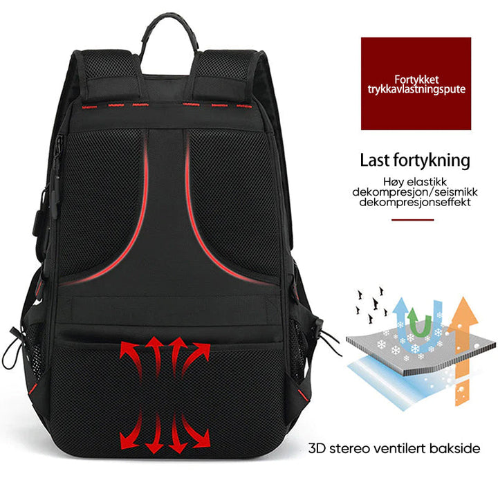 Slitesterk polyester ryggsekk, vanntett, med USB-port og stor plass til reiseutstyr.