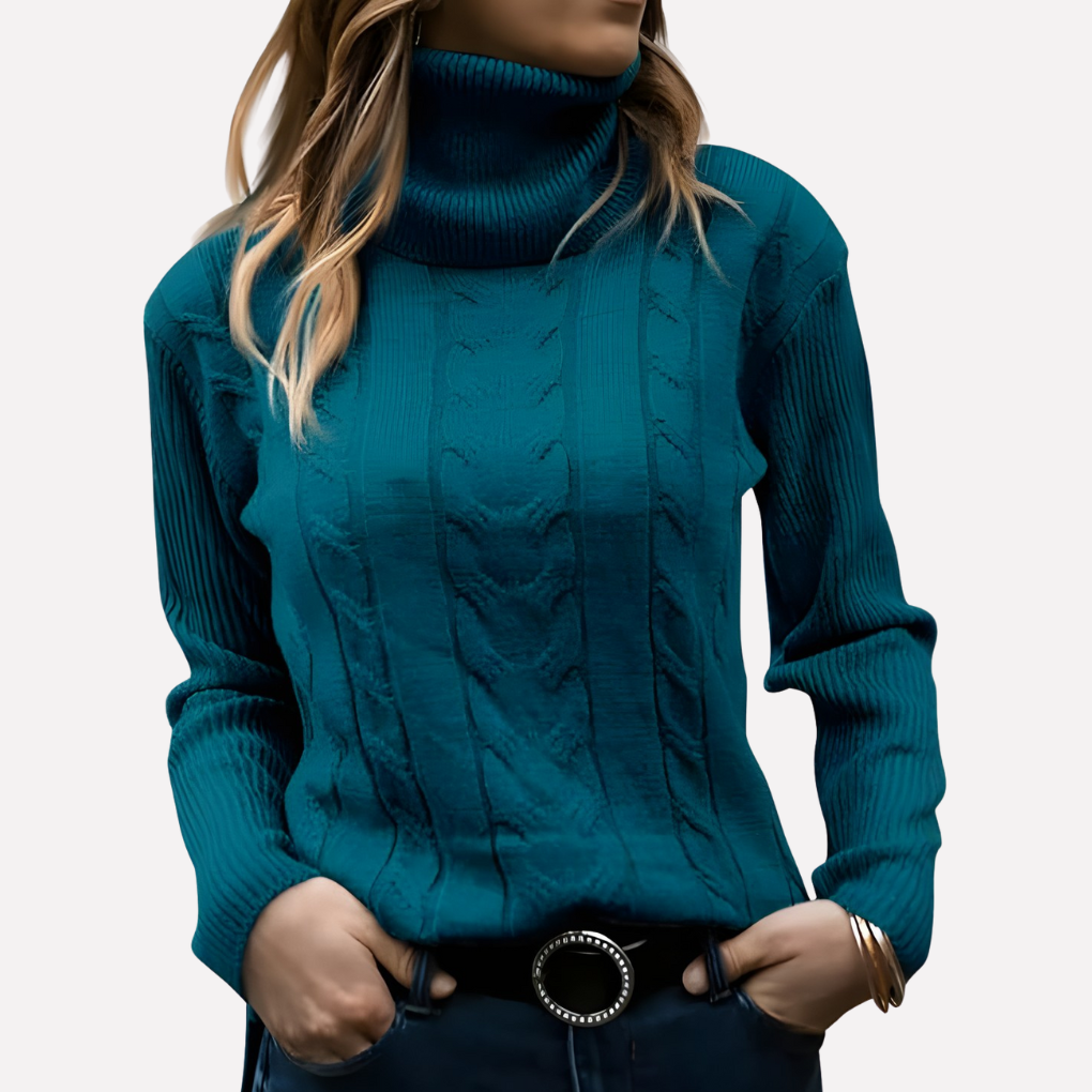 Marineblå kvinners genser med turtleneck, varm og elegant. Perfekt for lagdeling.