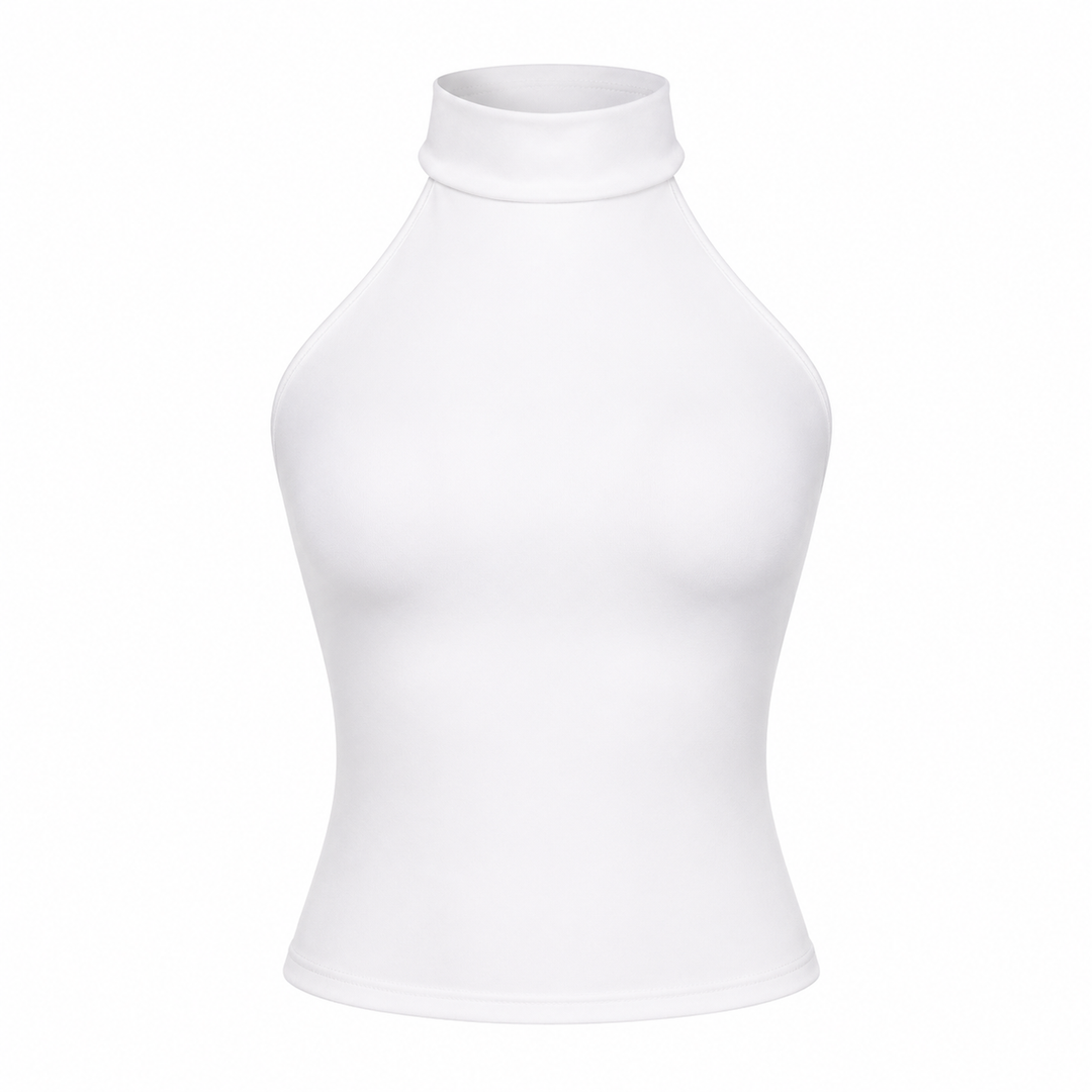 Stilig ryggløs halterneck crop topp for damer, med ståkrage. Elegant svart festtopp for sommer og vår.