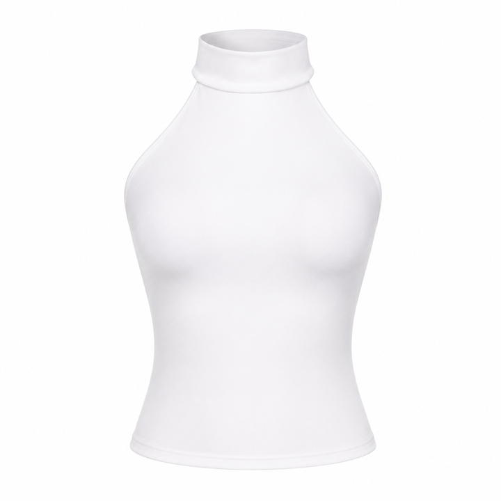 Stilig ryggløs halterneck crop topp for damer, med ståkrage. Elegant svart festtopp for sommer og vår.