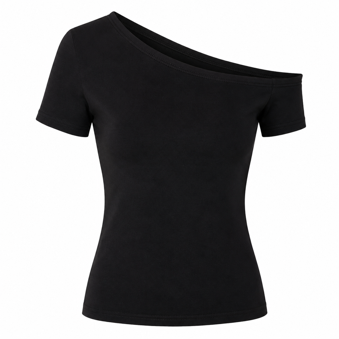 Slim fit dame off-shoulder topp, kortermet og elegant. Ideell sommertopp med minimalistisk design for kvinner.