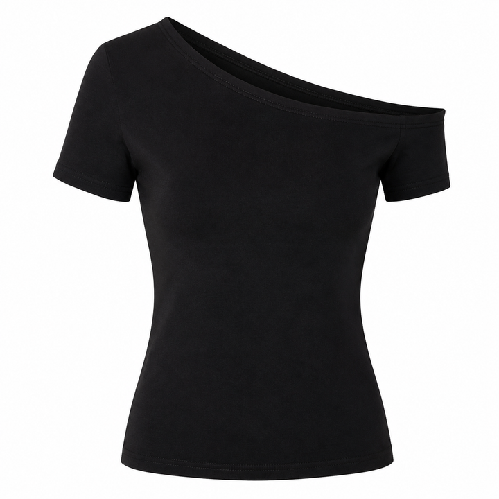 Slim fit dame off-shoulder topp, kortermet og elegant. Ideell sommertopp med minimalistisk design for kvinner.