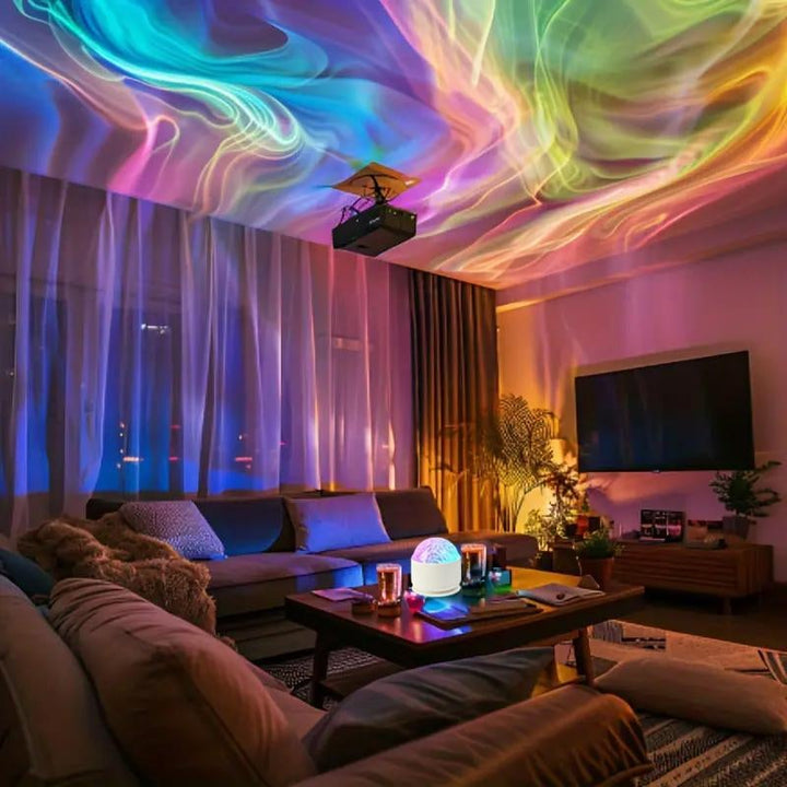 Stemningsfull projektorlampe med simulerte nordlys og dynamiske vannbølger.
