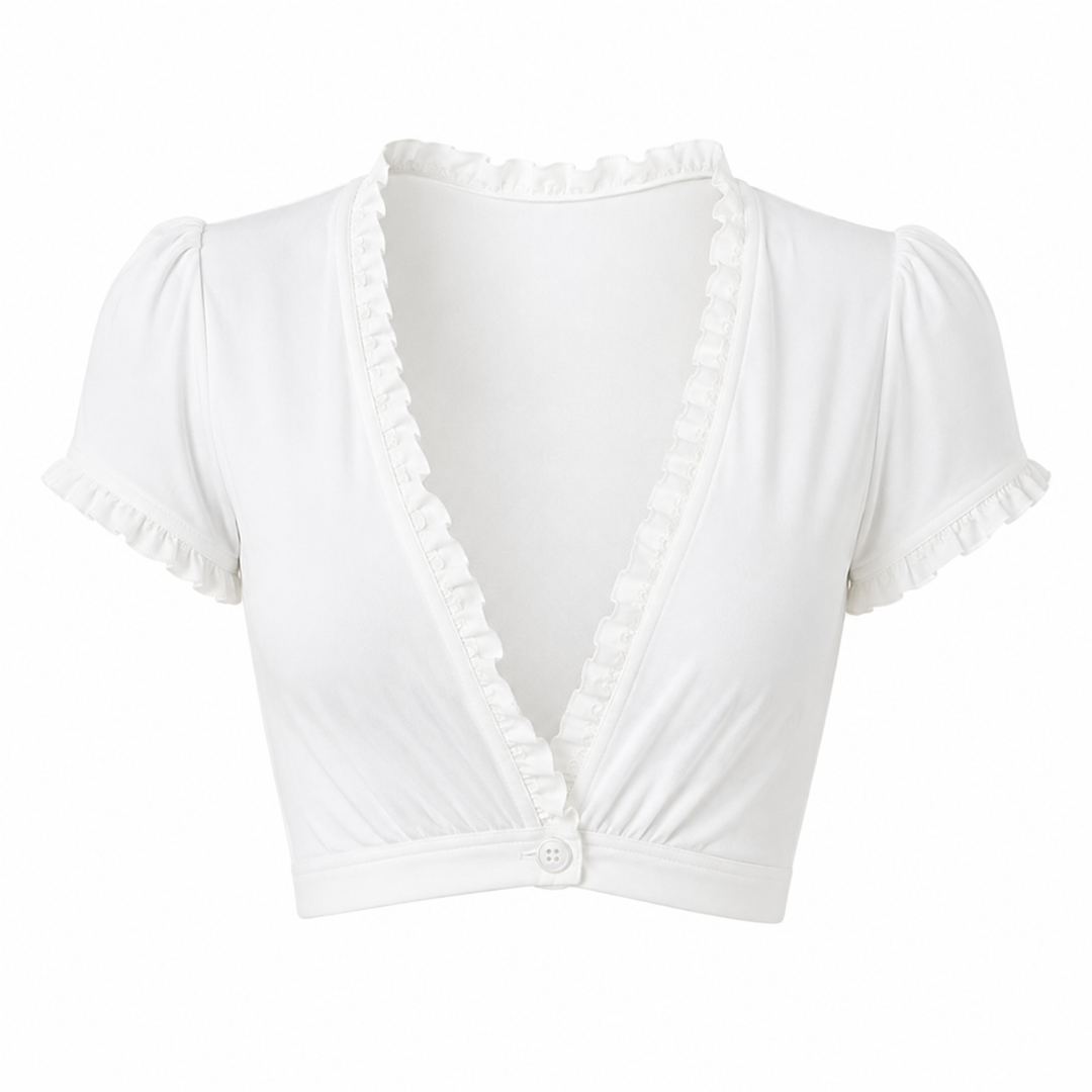Trendy hvit V-hals crop top for kvinner med volanger. Perfekt Y2K sommertopp for strand eller festival.