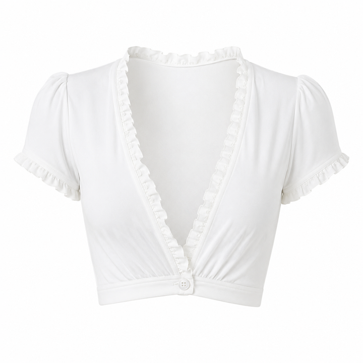 Trendy hvit V-hals crop top for kvinner med volanger. Perfekt Y2K sommertopp for strand eller festival.
