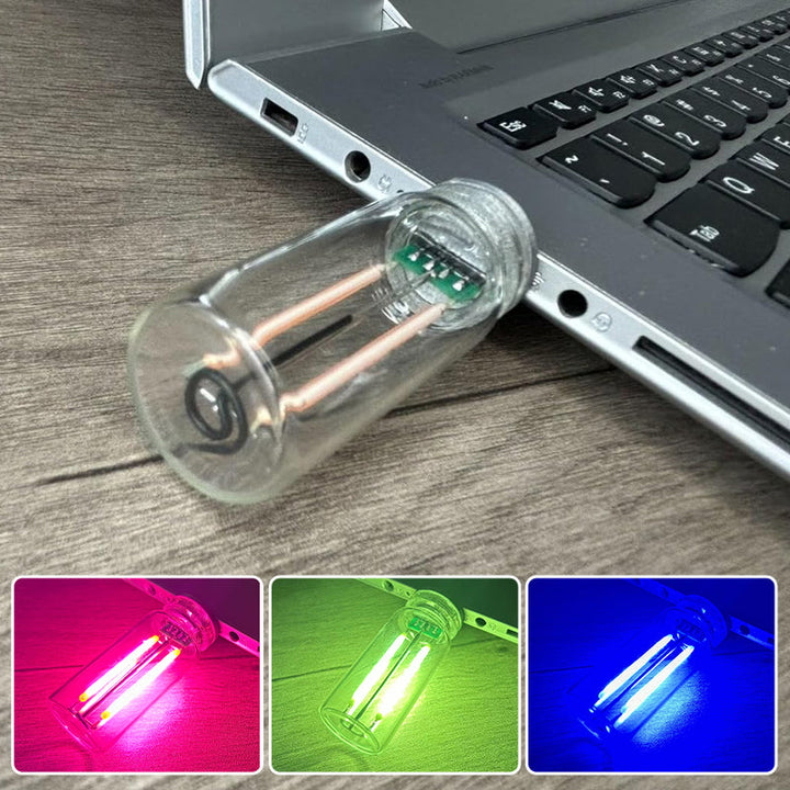 Nattlys med fargeskiftende LED-lys, stilig glassflaskedesign, praktisk USB og berøringskontroll.