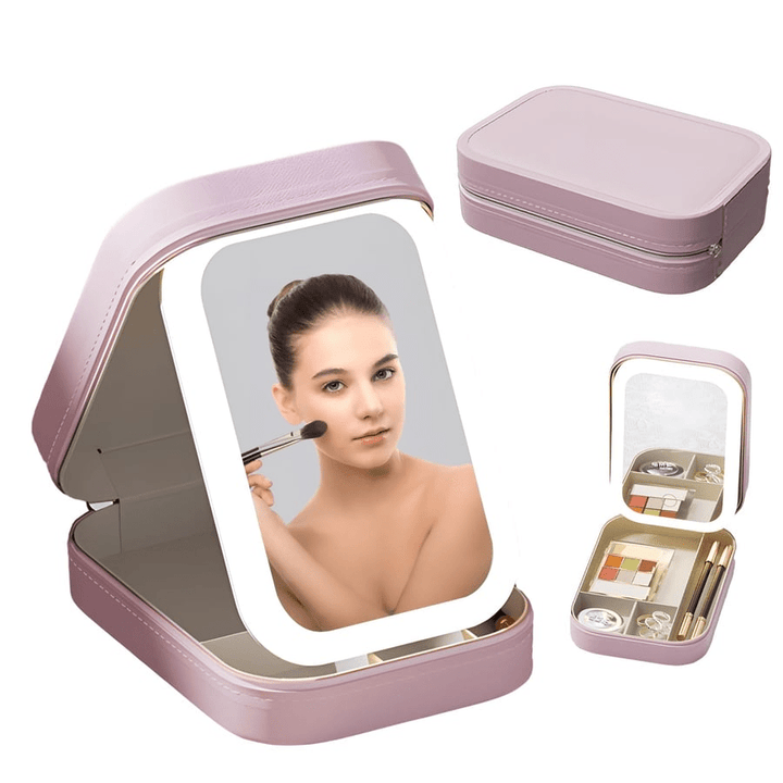 Romslig LED sminkeorganisator med speil og lys, holder all kosmetikk trygg. Essensiell makeupbag dame.