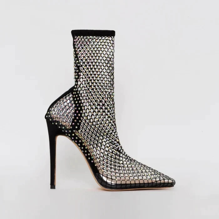 Dame ankelstøvler: Transparent netting med rhinestone-mønster, en elegant og moderne streetstyle sko.