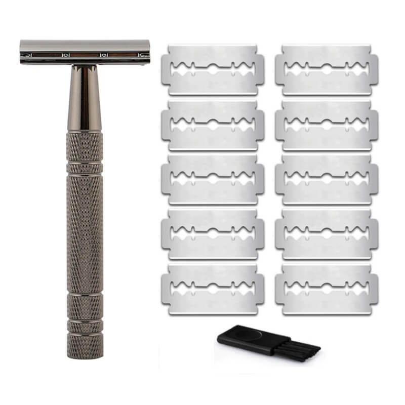 Menns tveegget sikkerhetshøvel i metall for glatt barbering uten irritasjon. Gjenbrukbar og miljøvennlig.