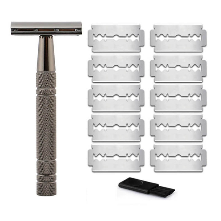 Menns tveegget sikkerhetshøvel i metall for glatt barbering uten irritasjon. Gjenbrukbar og miljøvennlig.